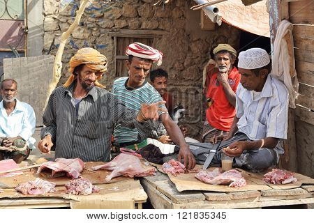 HADIBOH, SOCOTRA ARCHIPELAGO, YEMEN - FEB 14, 2016: At the local market, local people selling goat meat