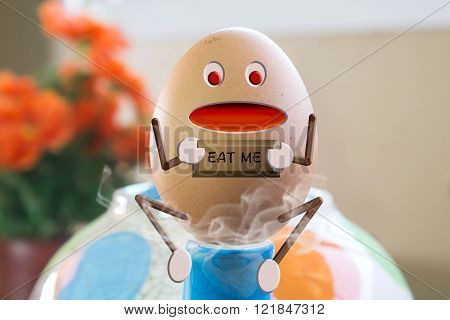 Egg boy cartoon mascot hold sign with text eat me on teakettle and steam background with copy space