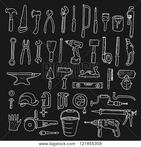 Construction tool collection - vector silhouette. Doodles. Isolated.