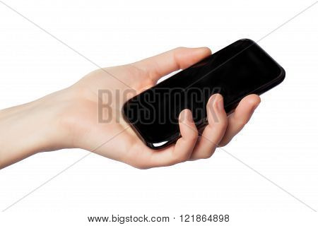 female hand with telephone on a white background