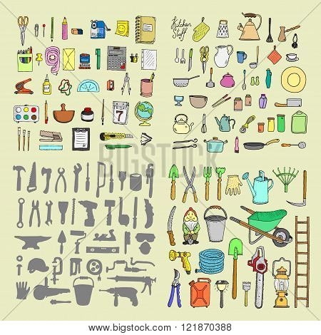 Big household objects set. Kitchenware. Set  of stationery. Garden tools. Construction tool collection. Doodles. Isolated.