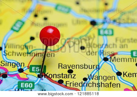 Photo of pinned Konstanz on a map of Germany. May be used as illustration for traveling theme.
