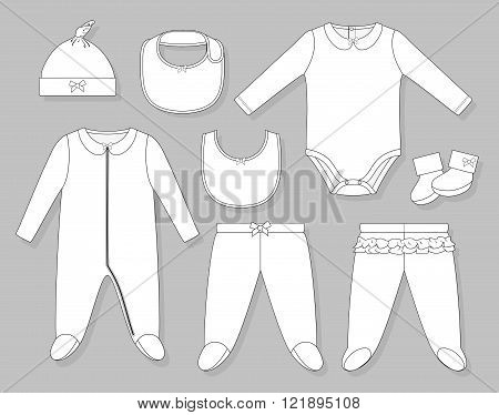 baby girl clothes set flat sketch isolated on grey background