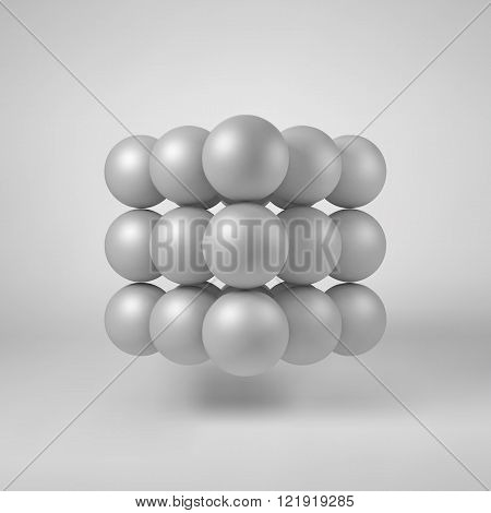 White abstract array with pearl spheres, atom, molecule grid with realistic shadow and light background for logo, design concepts, web, presentations and prints. 3D render design. Vector illustration.