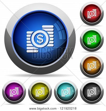 Set of round glossy dollar coins buttons. Arranged layer structure.