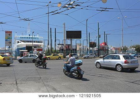 PIRAEUS GREECE - MAY 04: Streets at Port in Piraeus on MAY 04 2015. Traffic at Junction Near Port in Piraeus Greece.
