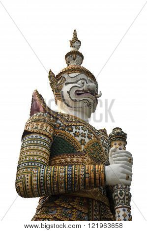 Giant decorated mythical figure seen guarding religious sites in Thailand.