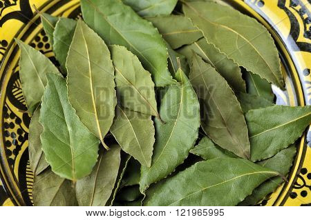 Whole dried Bay or Bay Laurel leaves used in cooking to flavor dishes.
