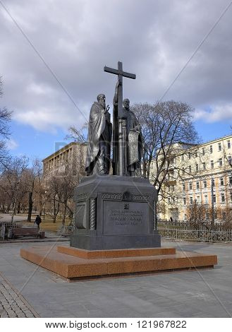 MOSCOW, RUSSIA - MARCH 14, 2016: Monument to Cyril and Methodius the holy lighteners creators of the Slavic alphabet mounted on the Slavyanskaya Square