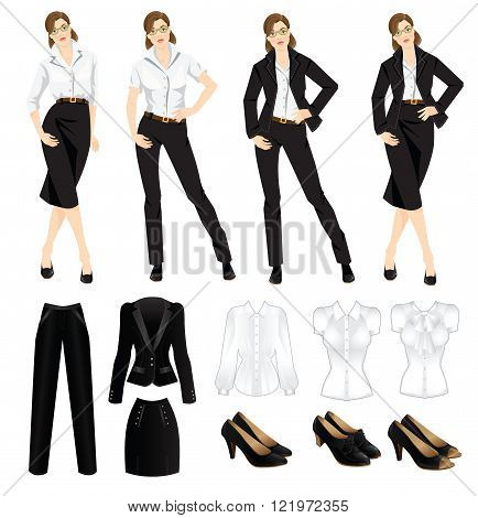 Vector illustration of corporate dress code. Office uniform. Clothes for women. Business woman or professor in official black formal suit. Woman in glasses.