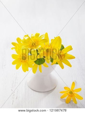 Bunch of early spring flowers ( Caltha palustris) in stand for boiled egg on the white wooden plank. Easter decor.