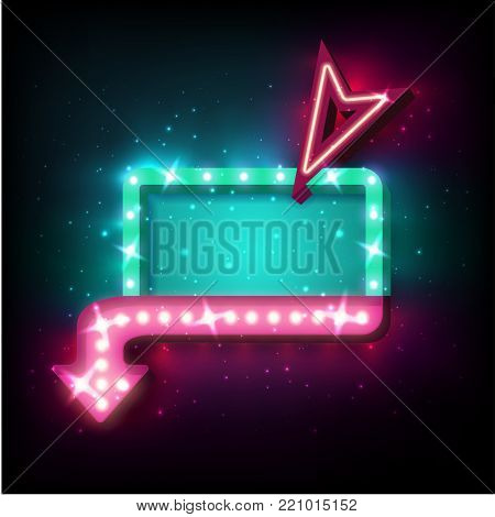 Neon sign with arrow and glowing light background for your sale banners, sale flayers or advertising