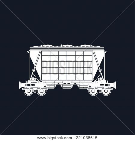 Silhouette White Hopper on Railway Platform Isolated on Black Background, Railway Transport, Hopper Car for Transportation Freights ,  Illustration