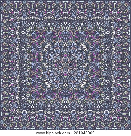 Square pattern for the silk scarf, scarf, printing factory, carpet. Abstract pattern purple color. Vector illustration.