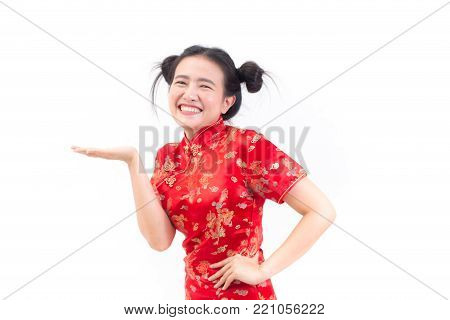 Asian Woman Wearing Chinese Dress Cheongsam With Gesture Of Congratulation, Bring The Hands Together