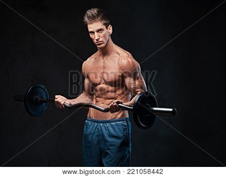 Athletic shirtless male biceps barbell workout over grey background.