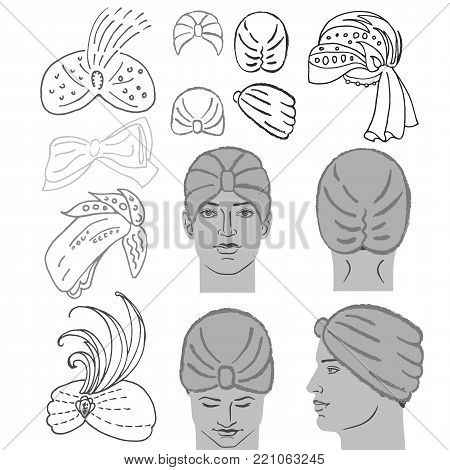 Turban or shower cap outlined oil pastel template sketch (front, back, side views) and man head, vector illustration isolated on white background