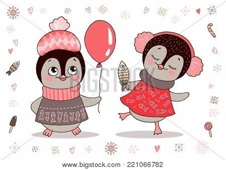 Cute little penguins girl in warm clothes and ear muffs with fish and balloon. Illustration on white background with lovely frame made of snowflake. Cartoon design for kid t-shirts or greeting cards.