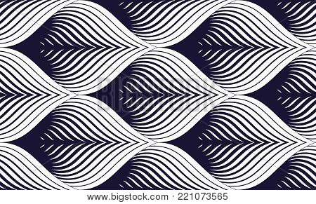 Seamless geometric pattern. Geometric simple fashion fabric print. Vector repeating tile texture. Roof tiling or fish squama shapes motif. Single color, black and white. Usable for fabric, wrapping, web and print.