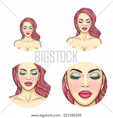 Vector pop art avatar, icon - sexy woman s face with colored dyed hair, bright makeup for chat, blog, networking. Pin up fashion model with naked breast. Beauty glamour illustration.