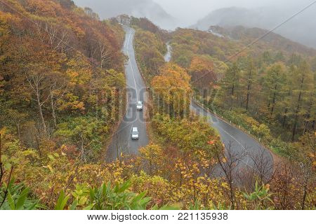 Fukushima,Japan - October 20,2017 : The private car drive on Bandai azuma skyline at Fukushima in autumn on raining day.