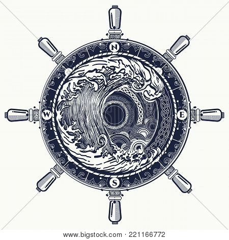 Sea compass and storm tattoo celtic style. Great outdoors. Tsunami waves tattoo. Big wave and rose compass t-shirt design. Symbol of adventures boho style