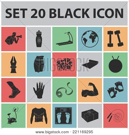 Fitness and attributes black icons in set collection for design. Fitness equipment vector symbol stock  illustration.