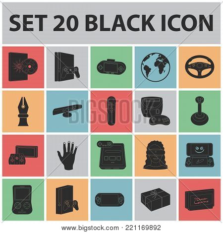 Game console and virtual reality black icons in set collection for design.Game Gadgets vector symbol stock illustration.