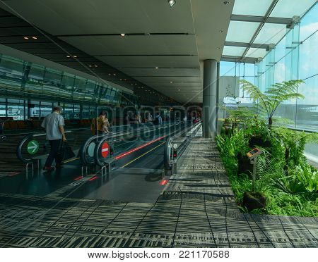 Singapore - Mar 14, 2016. Interior of Terminal 3 at Singapore Changi Airport. In 2016, the Airport handled 58,698,039 passengers, the most in its 35-year history.
