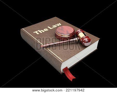 Judges wooden hammer and law book. 3d illustration