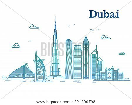 Colorful detailed dubai line vector cityscape with skyscrapers. Dubai urban building, business city illustration