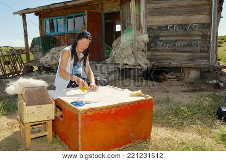 HARHORIN, MONGOLIA - AUGUST 20, 2006: Unidentified young Mongolian woman works with felt outside of a house in Harhorin, Mongolia. Felt is essential material for yurt insulation and winter clothes in Mongolia.