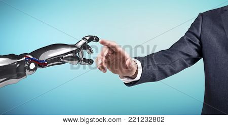 Human hand touching an android hand. Over blue background. 3d rendering.