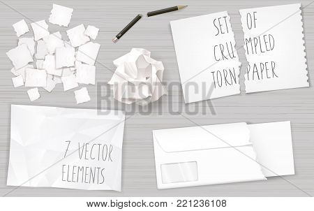 Set of different crumpled and torn sheets of paper. Broken pencil. Vector graphics.