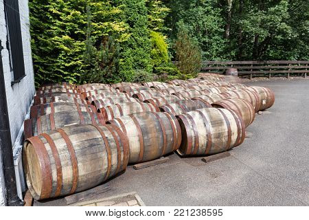 Barrels At A Distillery In Scotland, United Kingdom.