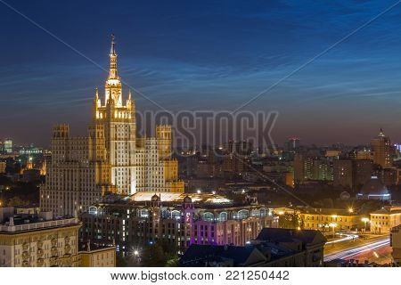 MOSCOW - JUL 13, 2013: Residential building on square Kudrinskaya (Stalin skyscraper) with illumination at night, Stalin skyscrapers - seven high-rise buildings, built in Moscow in 1947-1957