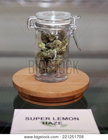 Los Angeles, California / USA January 1, 2018. California allows the sale and use of recreational marijuana by adults over 21 years old. Marijuana buds and hash for sale in a dispensary in Los Angeles