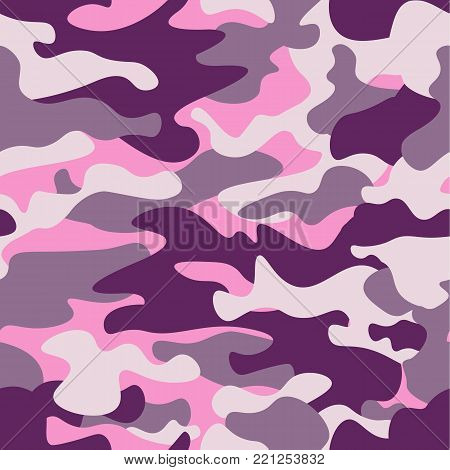 Military camouflage seamless pattern, purple monochrome. Classic clothing style masking camo repeat print. ruby colors texture. Design element. Vector illustration