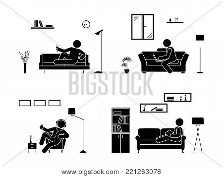 Stick figure resting at home position set. Sitting, lying, reading book, listening to music, using laptop, drinking wine vector icon relaxing posture on sofa and armchair