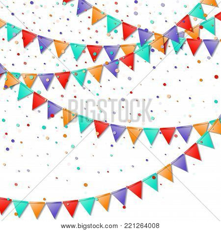 Bunting Flags. Likable Celebration Card. Colorful Holiday Decorations And Confetti. Bunting Flags Ve
