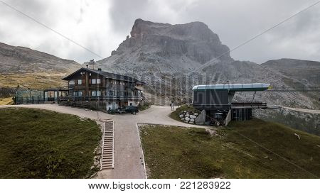 View Of The Scoiattoli Hut In Cinque Torri. Cortina D'ampezzo, Dolomites, Italy.