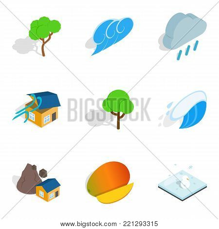 Natural hazard icons set. Isometric set of 9 natural hazard vector icons for web isolated on white background