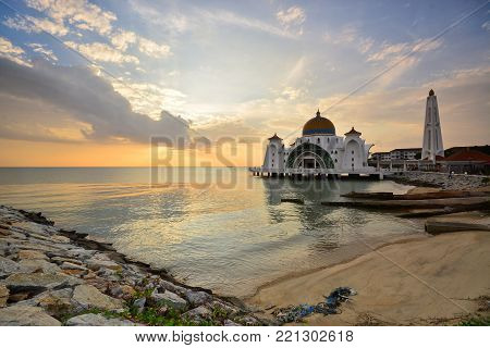 Beautiful sunset view at Malacca Straits Mosque (Masjid Selat Melaka) located at Malacca city, Malaysia.
