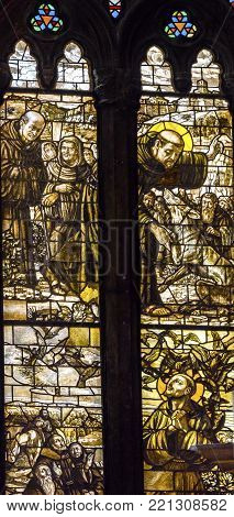 VENICE, iTALY - SEPTEMBER 21, 2017 Saint Francis Stained Glass Altar Santa Maria Gloriosa de Frari Church San Polo Venice Italy.  Church completed mid 1400s.