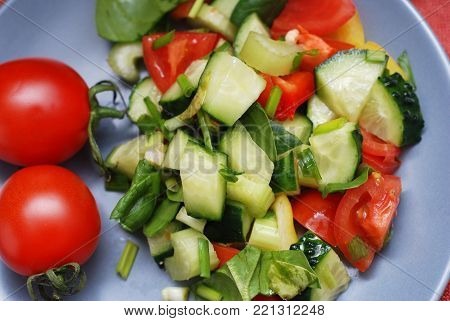 Healthy Salad with Tomato, Cucumber, Green Onion