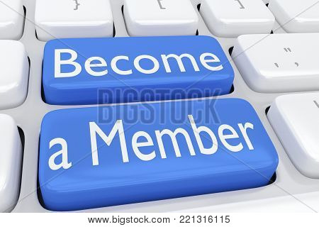 3D illustration of computer keyboard with the script Become a Member on two adjacent blue buttons