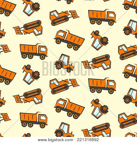 Cute kids seamless pattern with flat orange industrial transport. Childrens boys background with cartoon dozer, tractor and dumper for textile, wrapping paper, package, wallpaper, web design