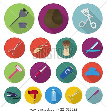 Hairdresser and tools flat icons in set collection for design.Profession hairdresser vector symbol stock  illustration.
