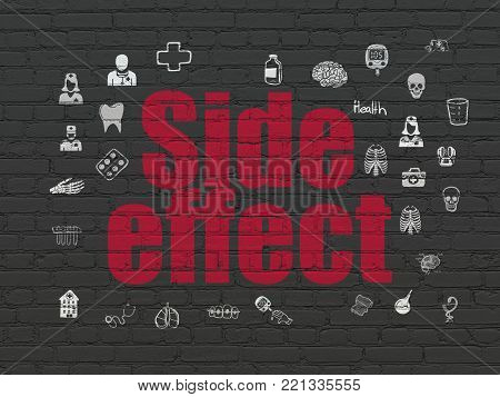 Medicine concept: Painted red text Side Effect on Black Brick wall background with  Hand Drawn Medicine Icons