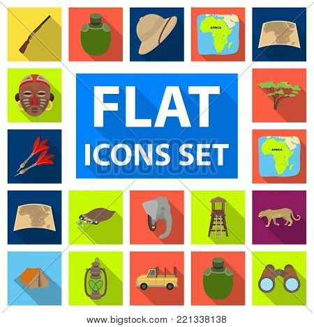 African Safari flat icons in set collection for design. Trophies and equipment for Safari vector symbol stock  illustration.